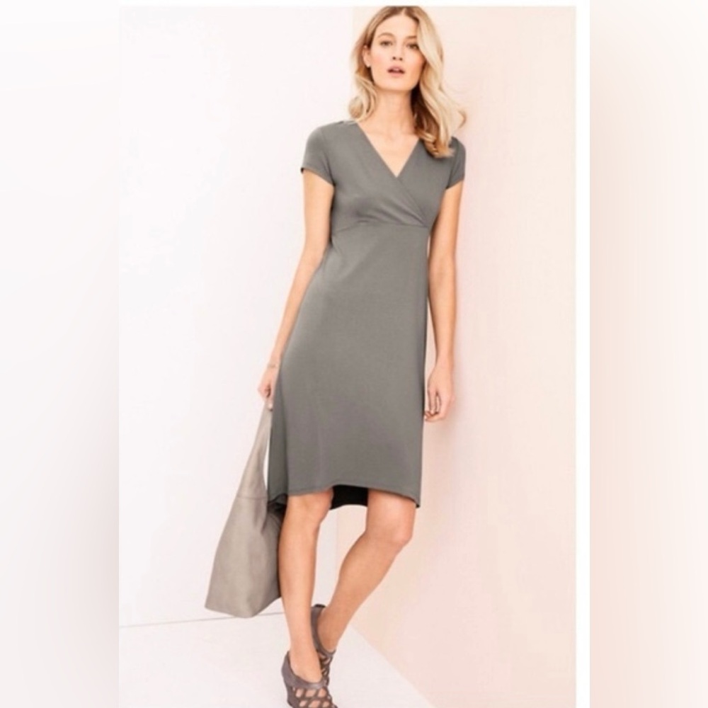 EILEEN FISHER Jersey Viscose Hi-Lo Midi Dress Taupe Size XS